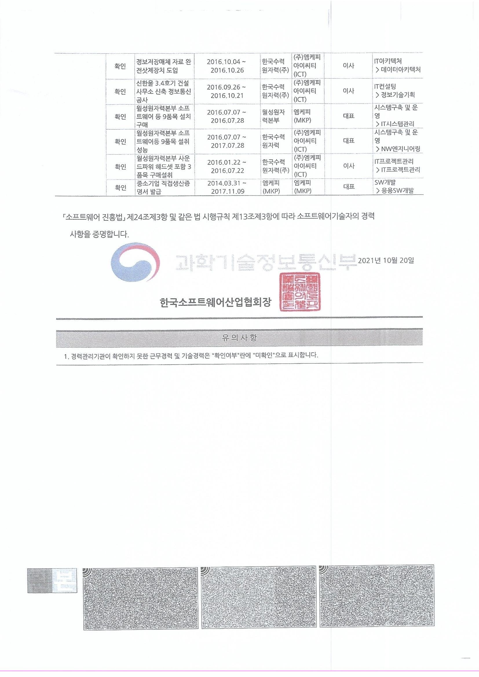 소프트웨어기술자 개인 경력증명서